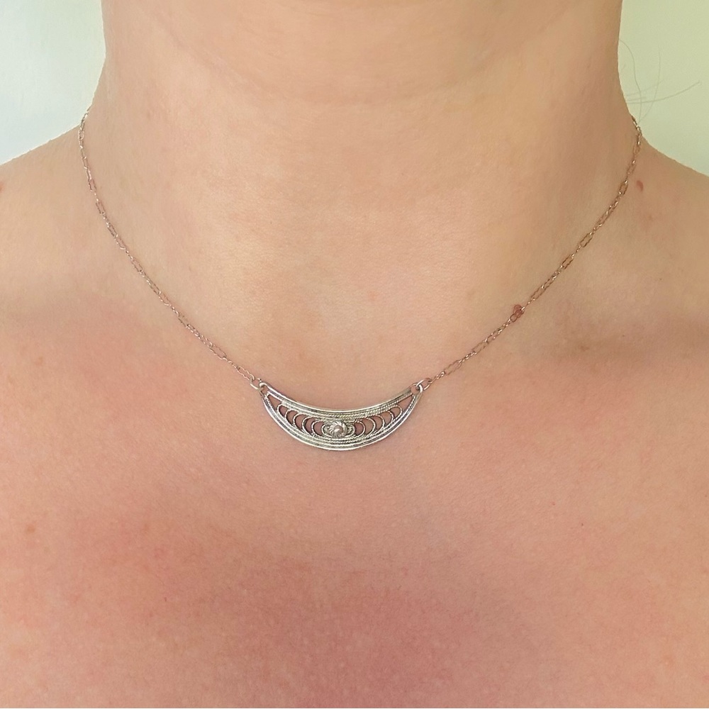 Vintage Filigree Sterling Silver Half Moon necklace with fancy link ornate chain